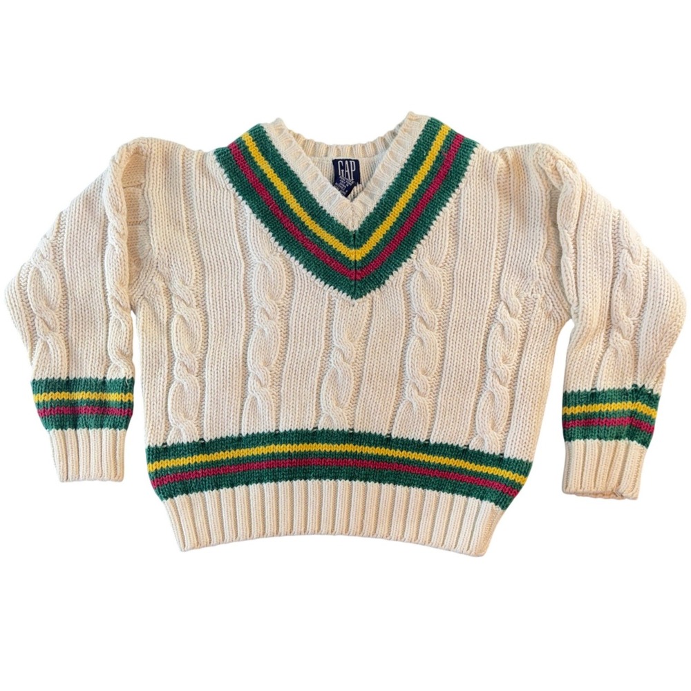 Vintage Gap Kids Cricket Sweater Cable Knit V-Neck‎ Ivory Green Red Yellow Small